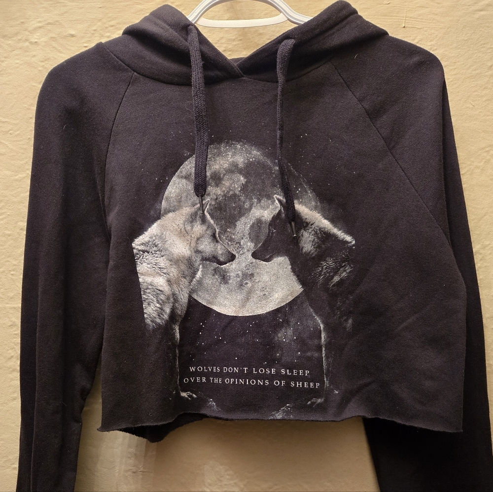 DTox Cropped Wolf Hoodie M/L Gothic Moon Graphic - Picture 2 of 6